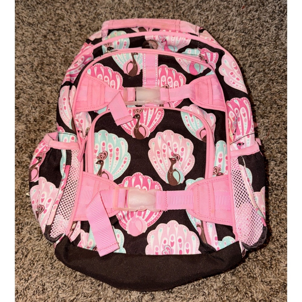 Pottery Barn Kids- Mackenzie Pink & Brown Peacock Pattern Backpack Small